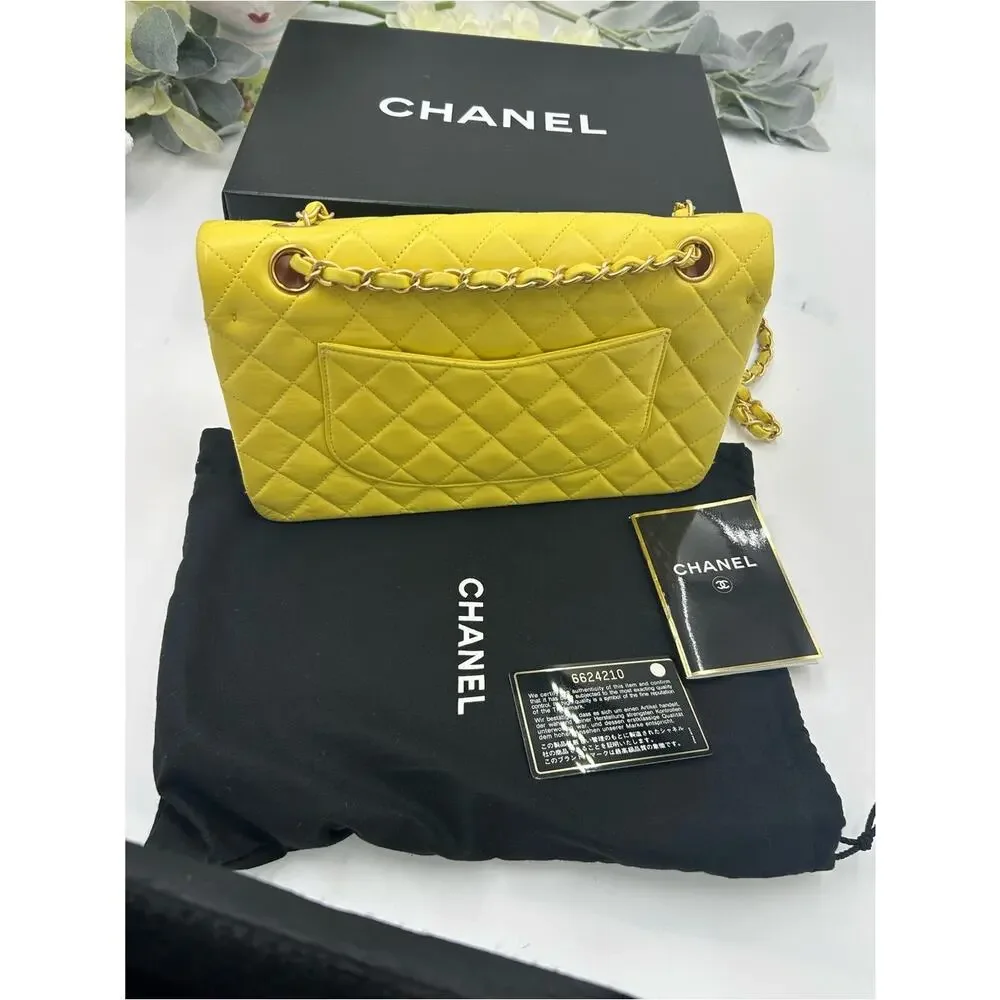 Women's Chanel Classic Quilted double Flap Bag in Yellow with Gold Hardware